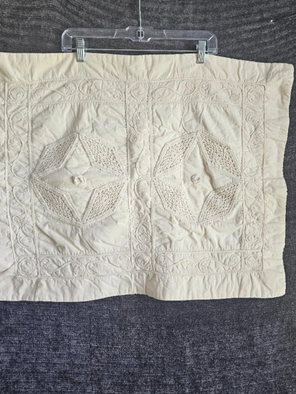 Vtg Two Beige Cotton Pillow Shams Quilted Cutout Lace Crochet Cottagcore 23x29